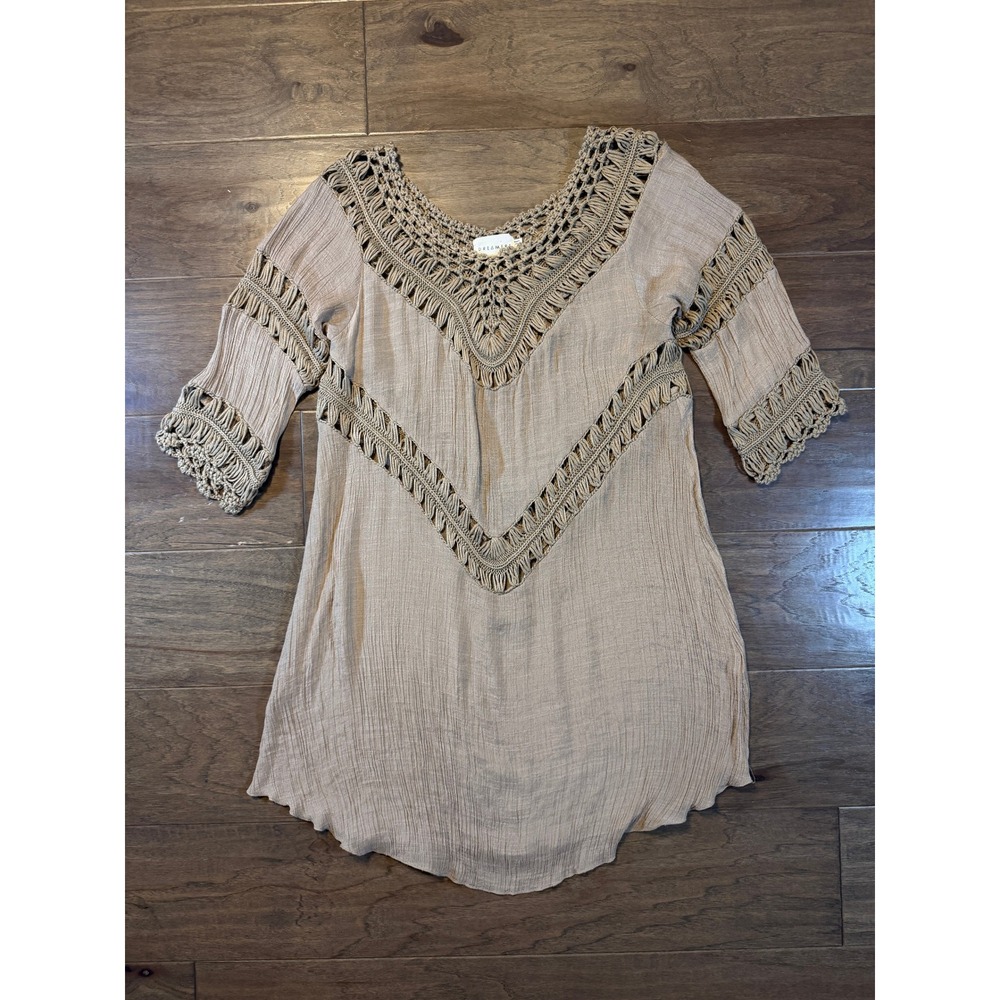 Dreamers Taupe Macrame Crochet Boho‎ Tunic Top Gauze 3/4 Sleeve Medium